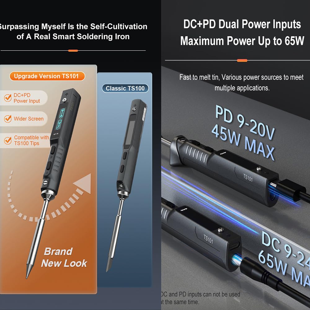 Original 65W TS101 Electric Soldering Iron Kit,Mini Digital Soldering Station,Adjustable Temperature,Programmable smart chip,Fast Heating BC2 Solder Tip,24V Power Supply, USB Type C Cable,Solder wire