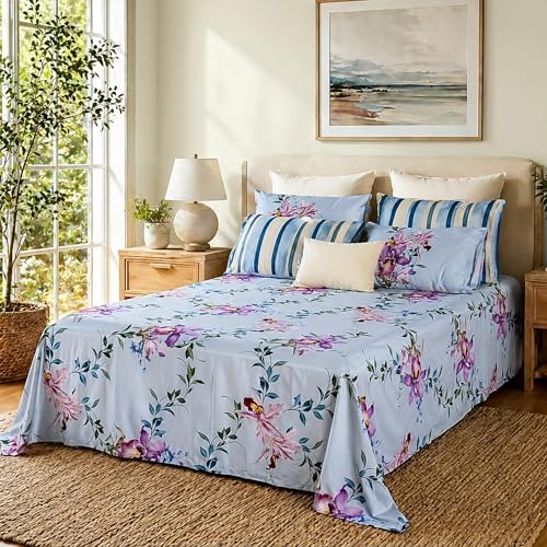 Image of Digitally Printed Premium Bedsheet Set | 300 TC 100% Cotton 1 Queen Bedsheet Set | Extra Smoothness with Sateen Weave| Orchid Blue Bedsheet Set (1 Flat Sheet + 2 Pillow Cases)