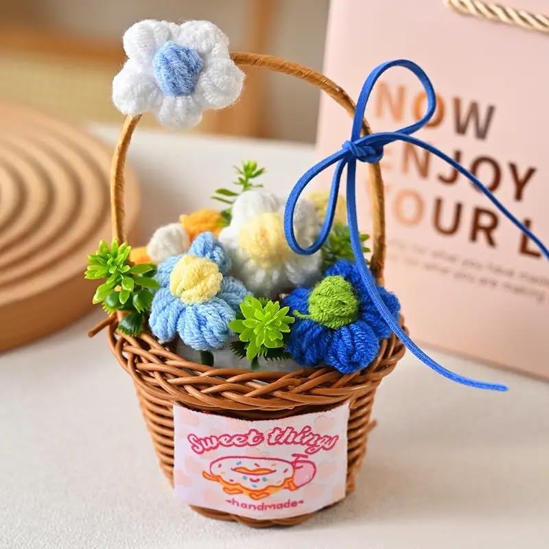 Image of Artificial Crochet Flowers Basket, 14CM Height Mini Handmade Knitted Multicolour Flower with Ribbon, Home and Office Decor Gift