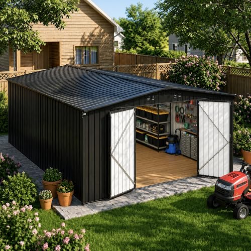 MNLR 10x14 FT Large Metal Storage Shed Waterproof Outdoor Tool Shed with Lockable Double Hinged Door Reinforced Frame Structure Sloped Roof & Vents for Lawn Mower Bikes & Patio Gear
