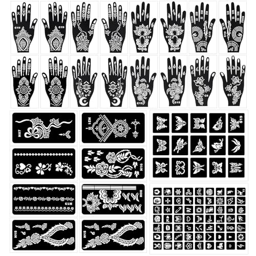 102 Pcs Henna Schablonen,18 Blätter Temporäre Henna Tattoo Schablonen Kit für Körperfarbe DIY Gefälschte Tattoos