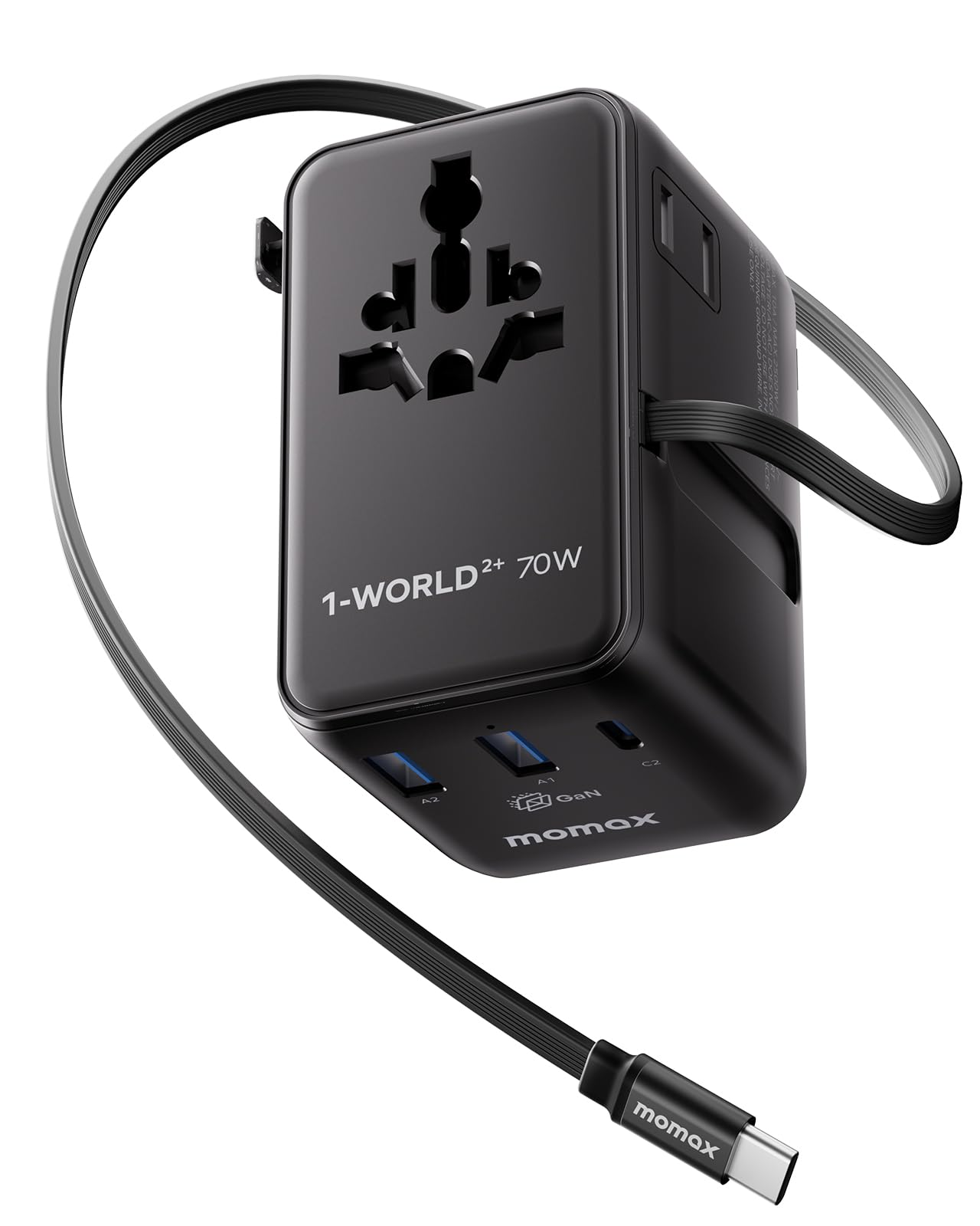 MOMAX Adattatore da viaggio universale da 70 W con cavo estensibile, spina da viaggio universale con 2 prese CA, 2 porte USB A e 2 porte USB C, adattatore da viaggio internazionale - Nero