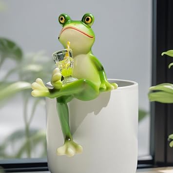 Funny Drinking Frog Statue Flower Pot Hugger Resin Hanging Frog Figurine Planter Pot Decorations for Home Garden Fence Balcony Patio Lawn Yard Ornaments Drinking Juice