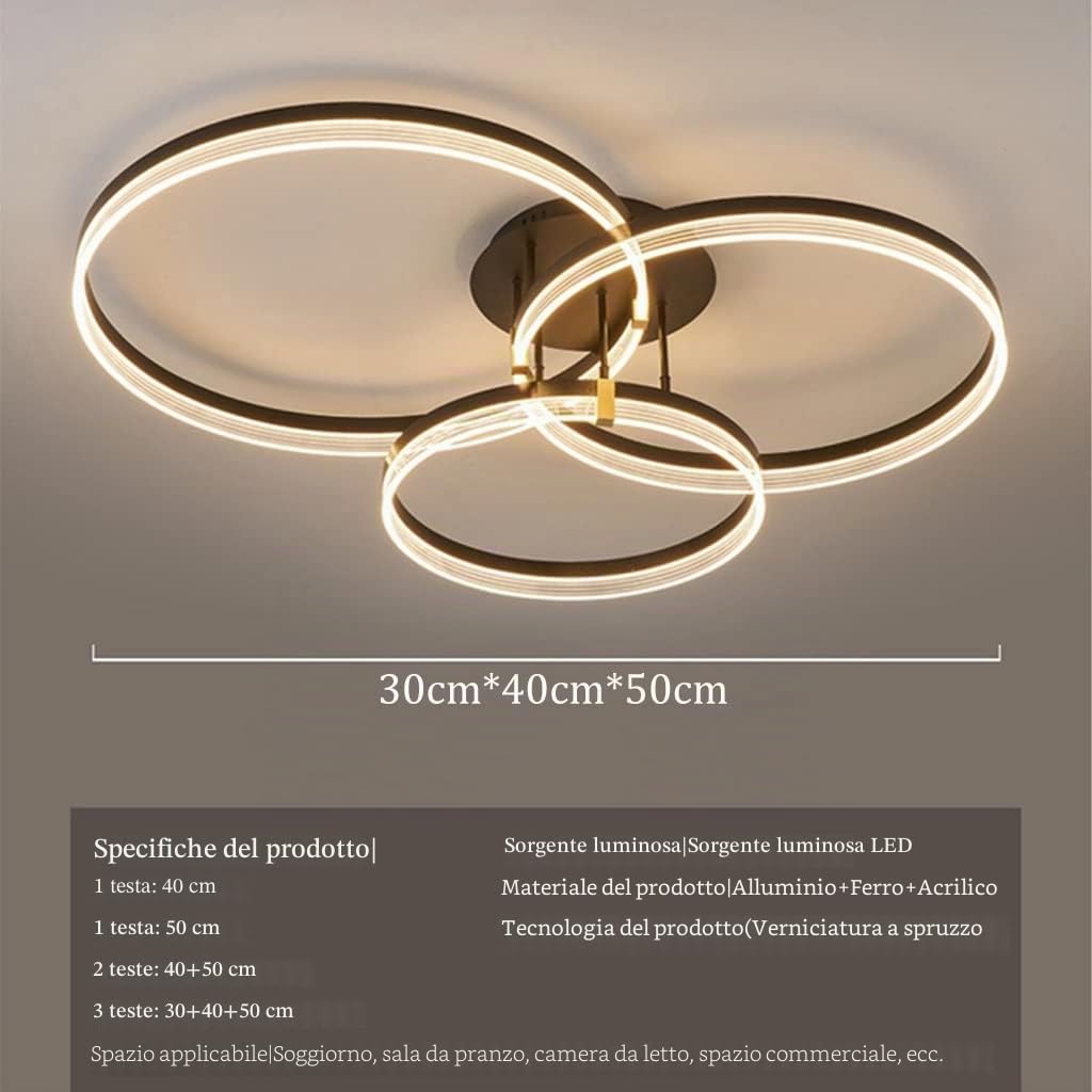 LED Plafoniera Grande Creatività Nero Moderno Anelli Dimmerabili Lampada A Soffitto Metallo Acrilico Lampadario Rotondo Soggiorno Cucina Camera Da Letto Luci Ufficio Stanza Bambini (Color : 30+40+50c