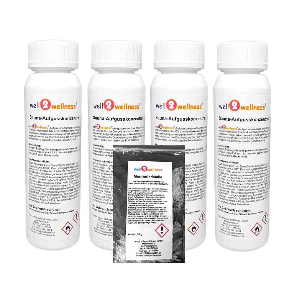 well2wellness Huiles essentielles "Classique 3" Sauna Infusion set de 4 x 125 ml eucalyptus, épicéa, pin et bouleau