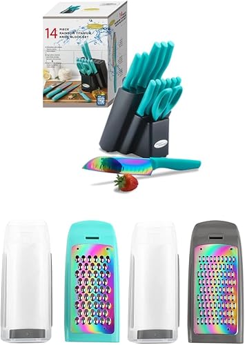 KYA27 - Juego de cuchillos de cubiertos de color arcoíris con bloque de madera + ralladores Marco Almond MA63 para cocina