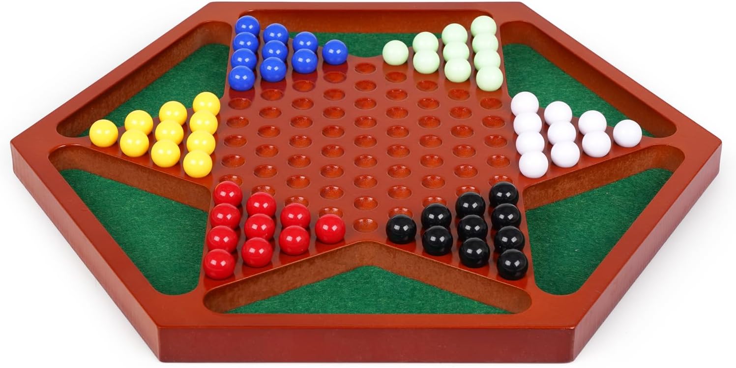 Wooden Chinese Checkers Board Game Set, 13.5 Inch Classic Strategy Game with 72 Acrylic Marbles, 6 Solid Colors with Spare Pieces, Family Tabletop Game for Adults, 2–6 Players