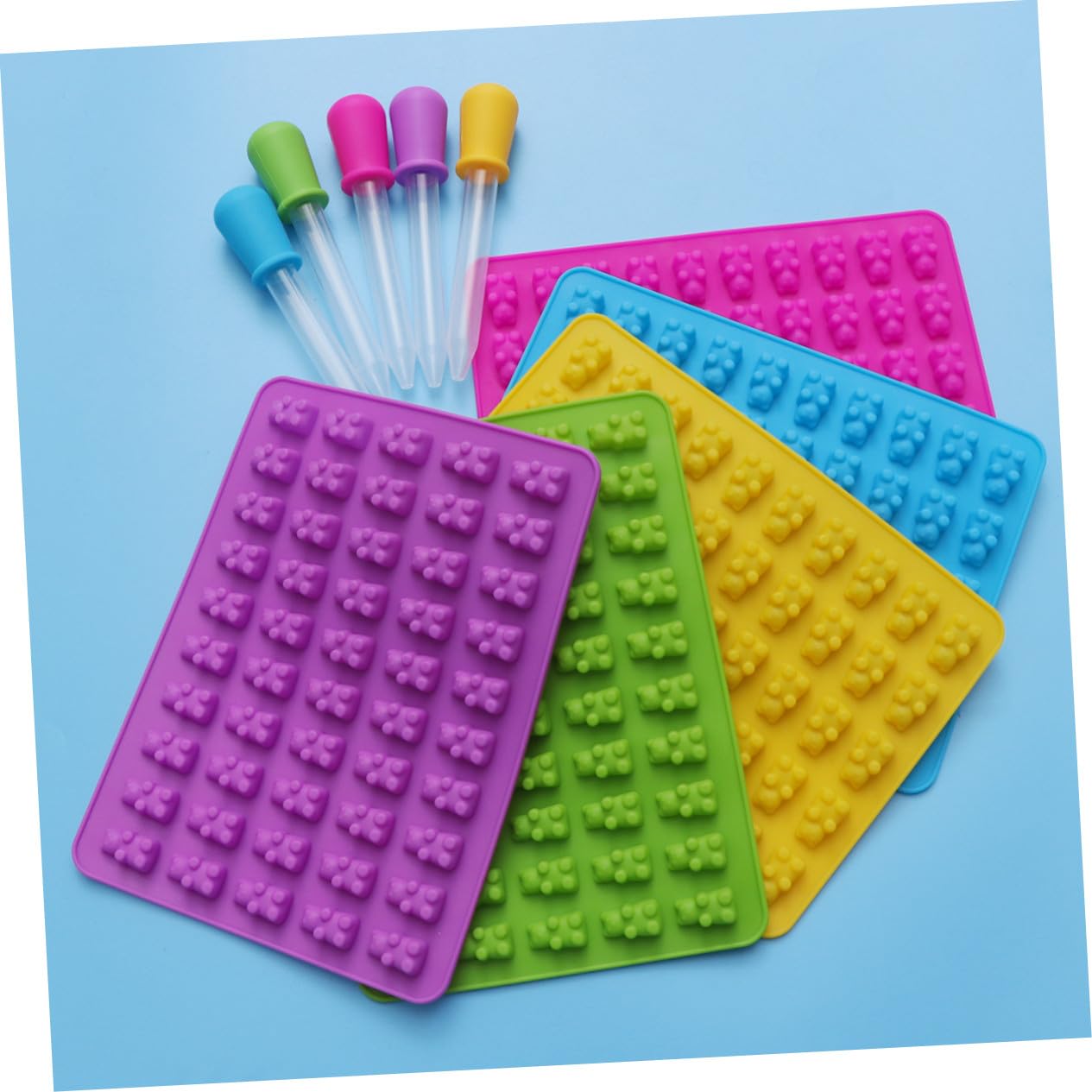 5sets Stampo Forma di Orso in Silicone con Contagocce per Preparare Caramelle Cioccolato Gommose e Dolcetti in Miniatura Facile da Usare e Pulire in Azzurro Verde Rosa e Giallo