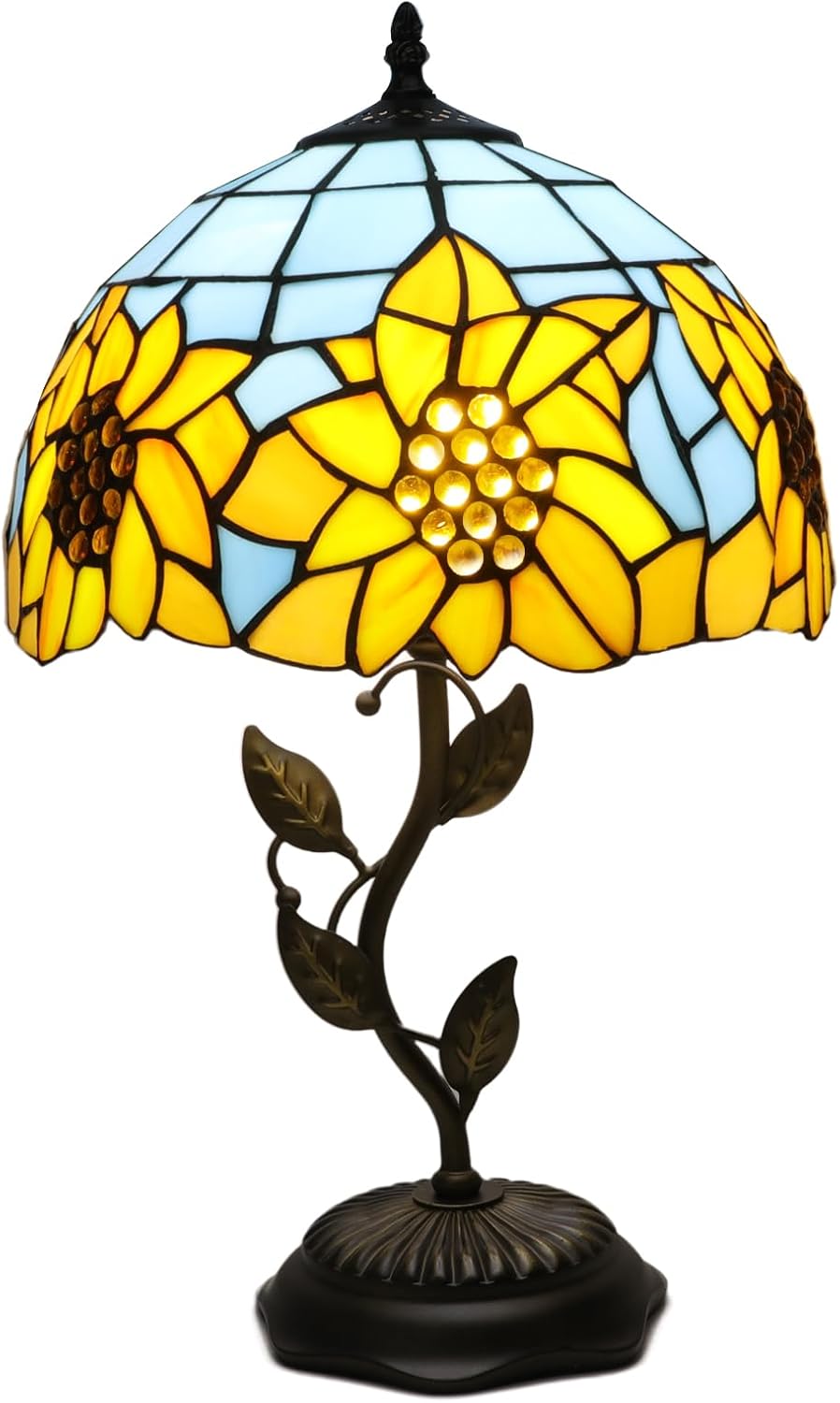 Stained Glass Table Lamp, Adjustable 3 Color Temperature, Sunflower Style Lampshade & Metal Leaf Base Desk Reading Light 12X12X19 Inches Decor for Bedroom Living Room Office