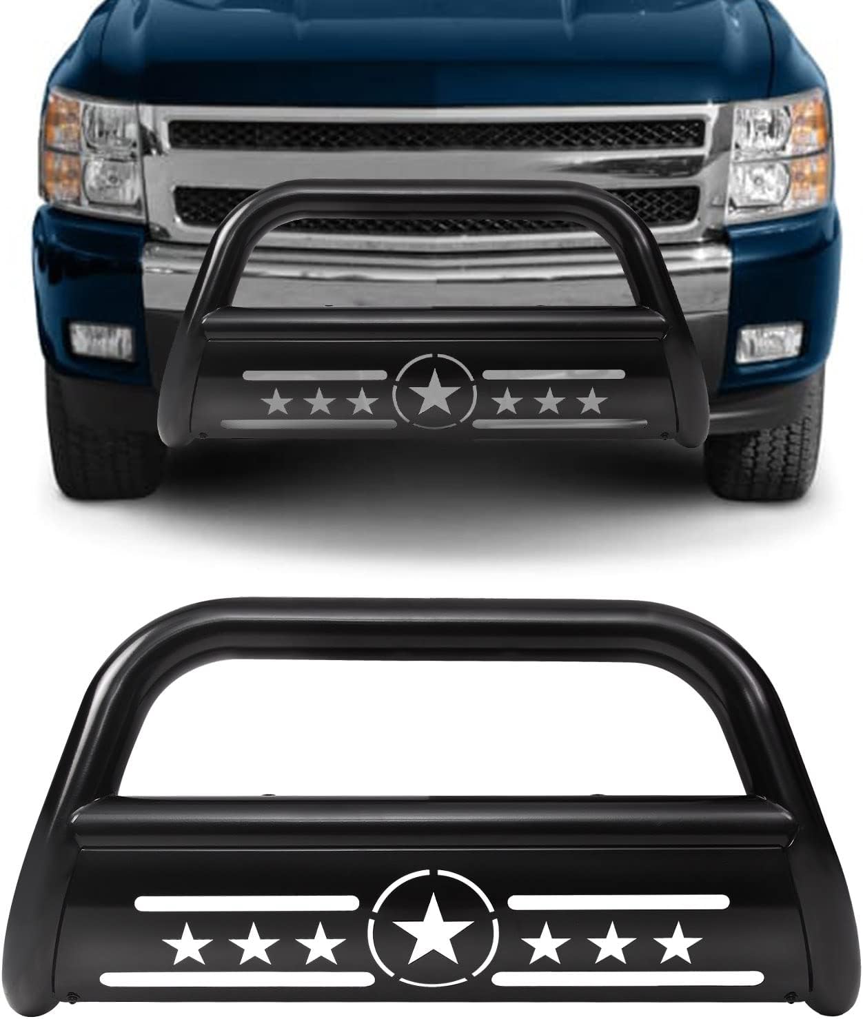 Bull Bar 3 Front Grille Brush Push Bumper Guard with Removable Skid Plate Compatible with Chevy Silverado 1500 / GMC Sierra 1500 2007-2018, for Chevy Suburban 1500 2007-2014,Black