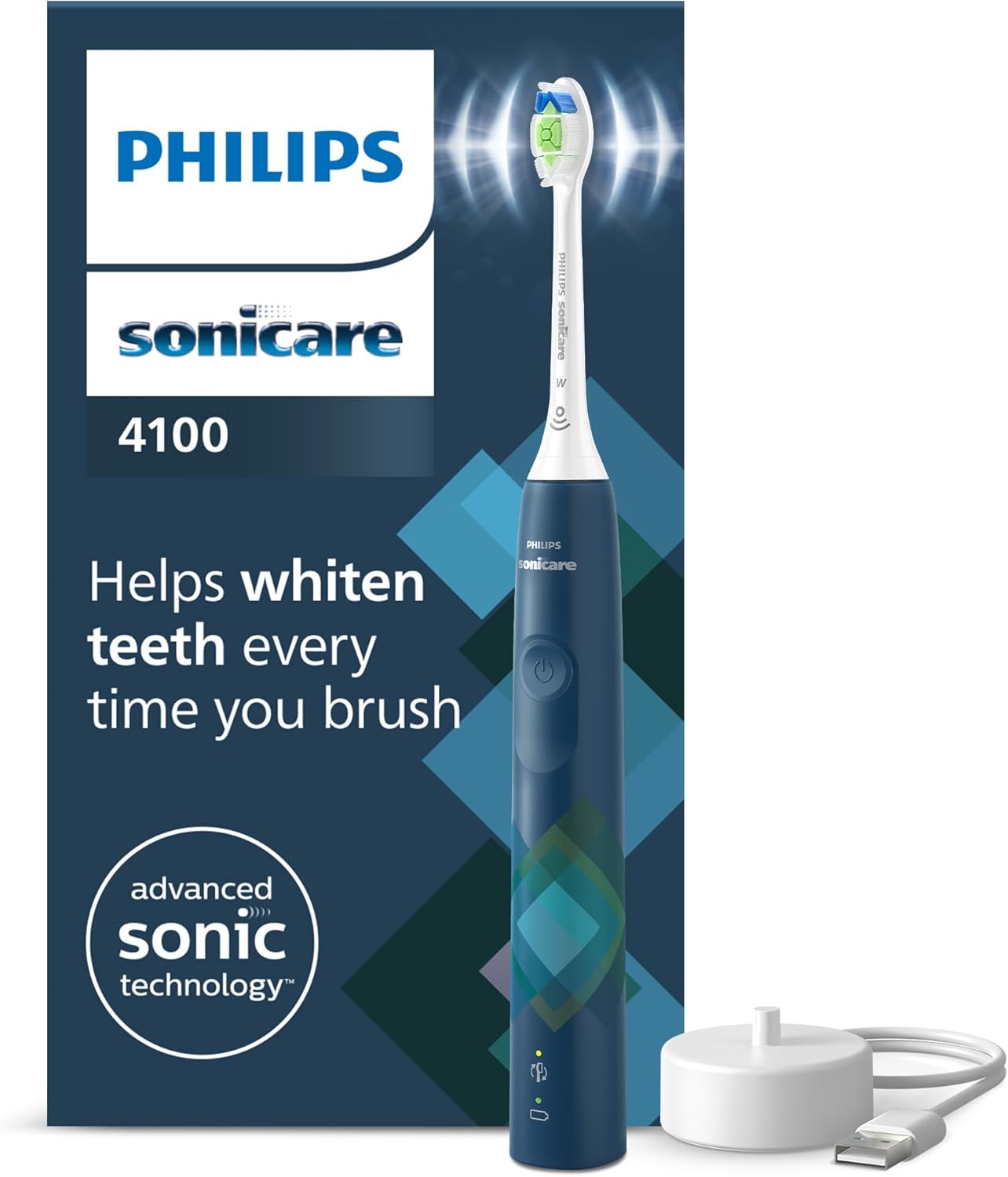 Philips Sonicare 4100 Electric Toothbrush, spazzolino sonico con due modalità, sensore di pressione e timer, Malibu Blue Prismatic, modello HX3689/42, Sonicare 4100, Blu