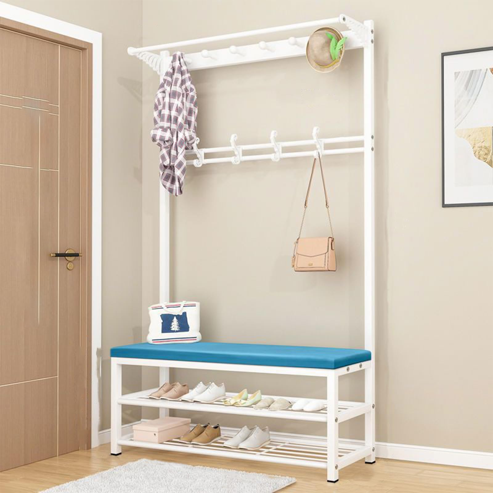 FGXHHS 3-in-1 Industrial Coat Rack & Shoe Bench - Entryway Hall Tree with Detachable Shelf, Cact Design for Smals, Easy Assembly, Sto nizer