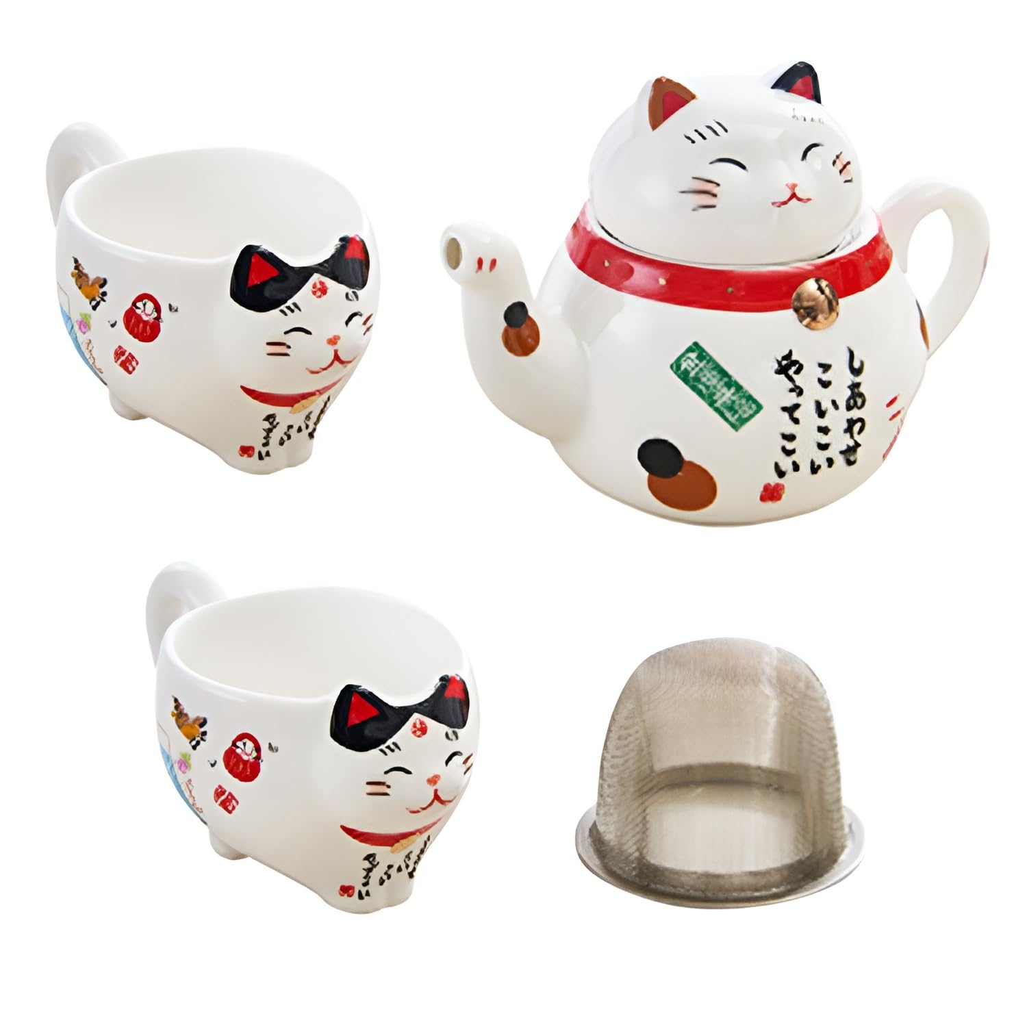 Maneki Neko Lucky Cat Ceramic Teapot Set with 2 Cups Red Portable