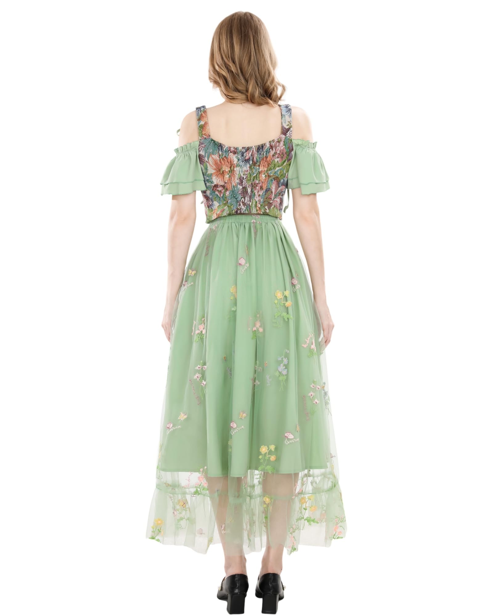 Ensemble de vêtements médiévaux pour femme - Costume d'elfe - Robe maxi 2 pièces en vert - Haut épaules dénudées et jupe en tulle avec broderie florale