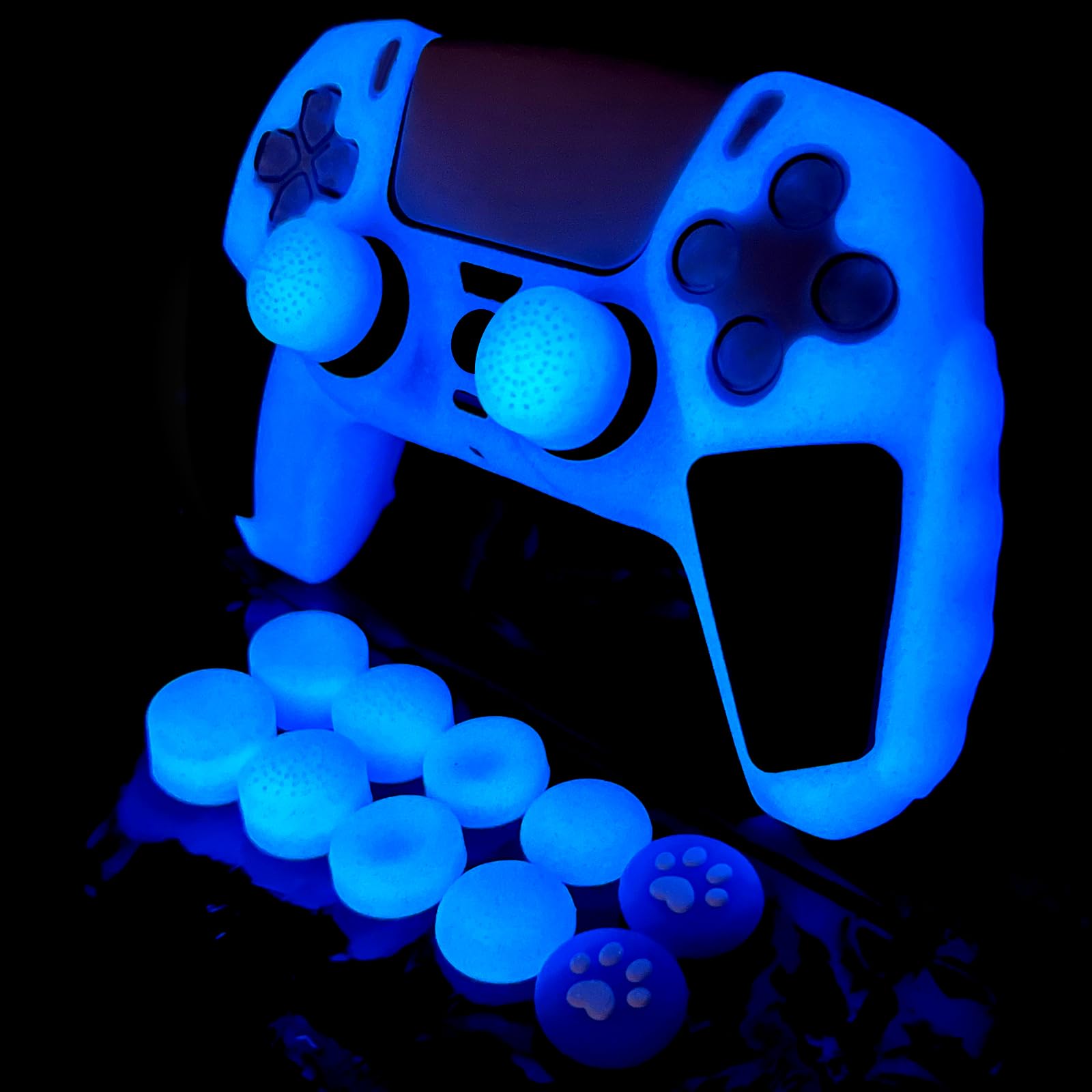 Glow in The Dark PS5 Controller Skin, Glitter Blau Anti-Slip Soft Thicked Spiked Silicone Cover Skins Kompatibel mit PS5 Controller, inklusive 8 PCS Glitter Glow Thumb Grips und 2 Grips Caps.