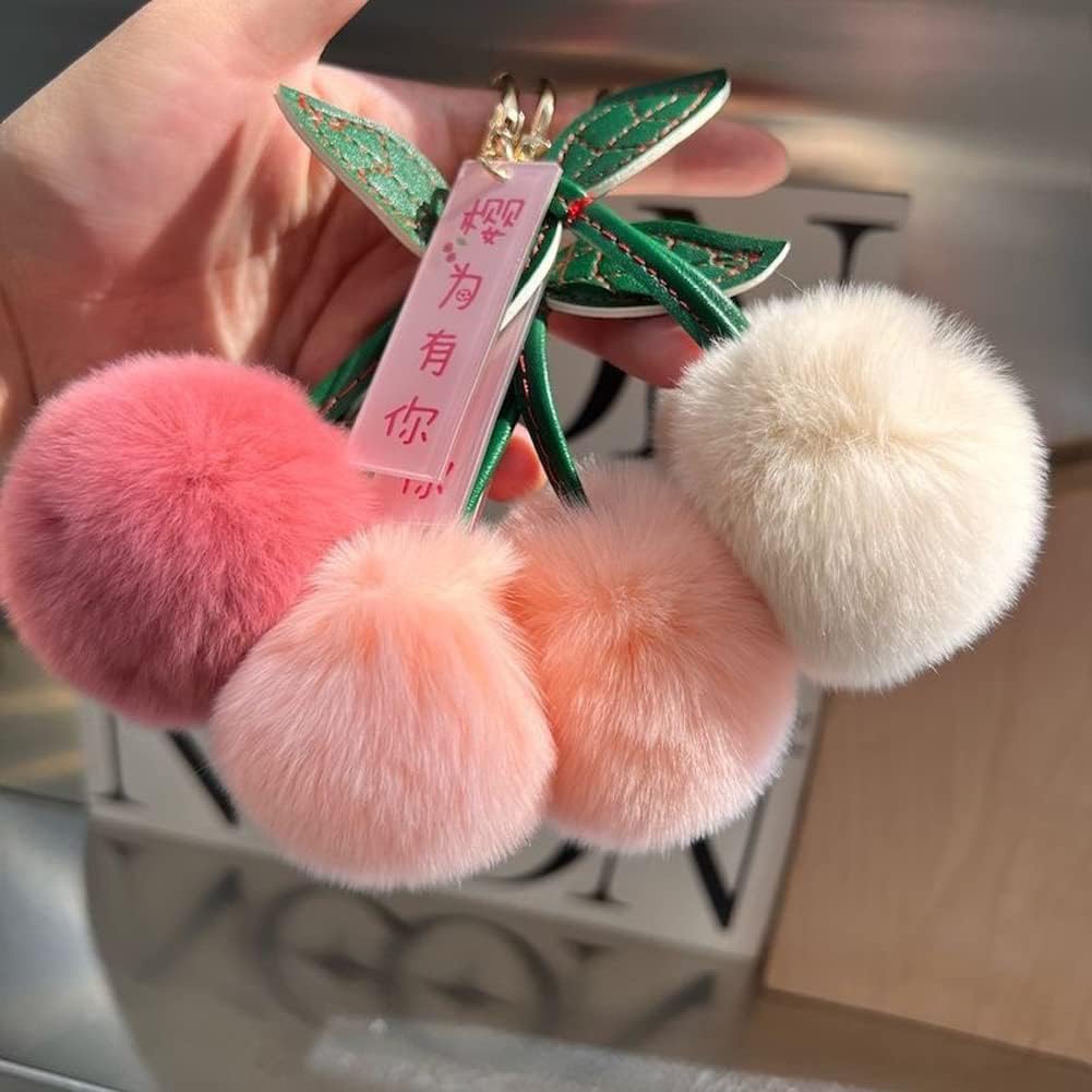 Zcargel Fluffy Plush Cherry Keychain - Cute Backpack Charm, Fashion Elegance Decoration With Pompom Fruit Keyring and Leaf - Image 2