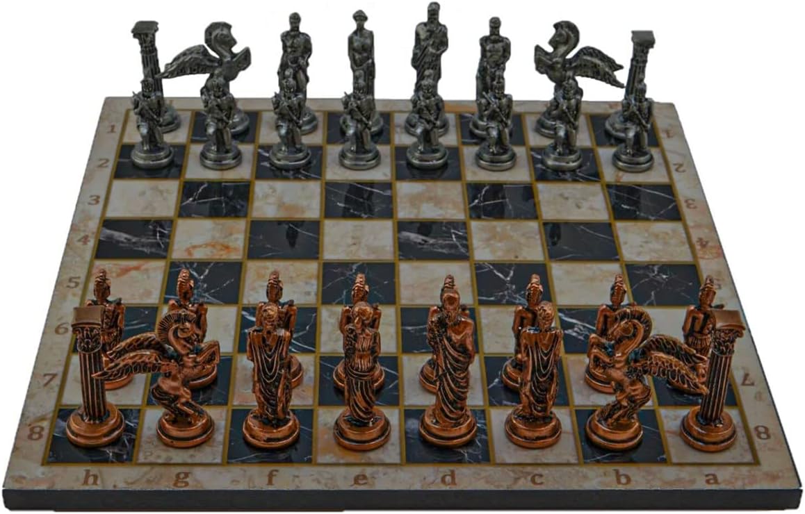 Metal Chess Sets for Adult Medium Mythologic Pegasus Antique Copper Figures,Handmade Pieces and Different Design Wooden Chess Board (Bej)