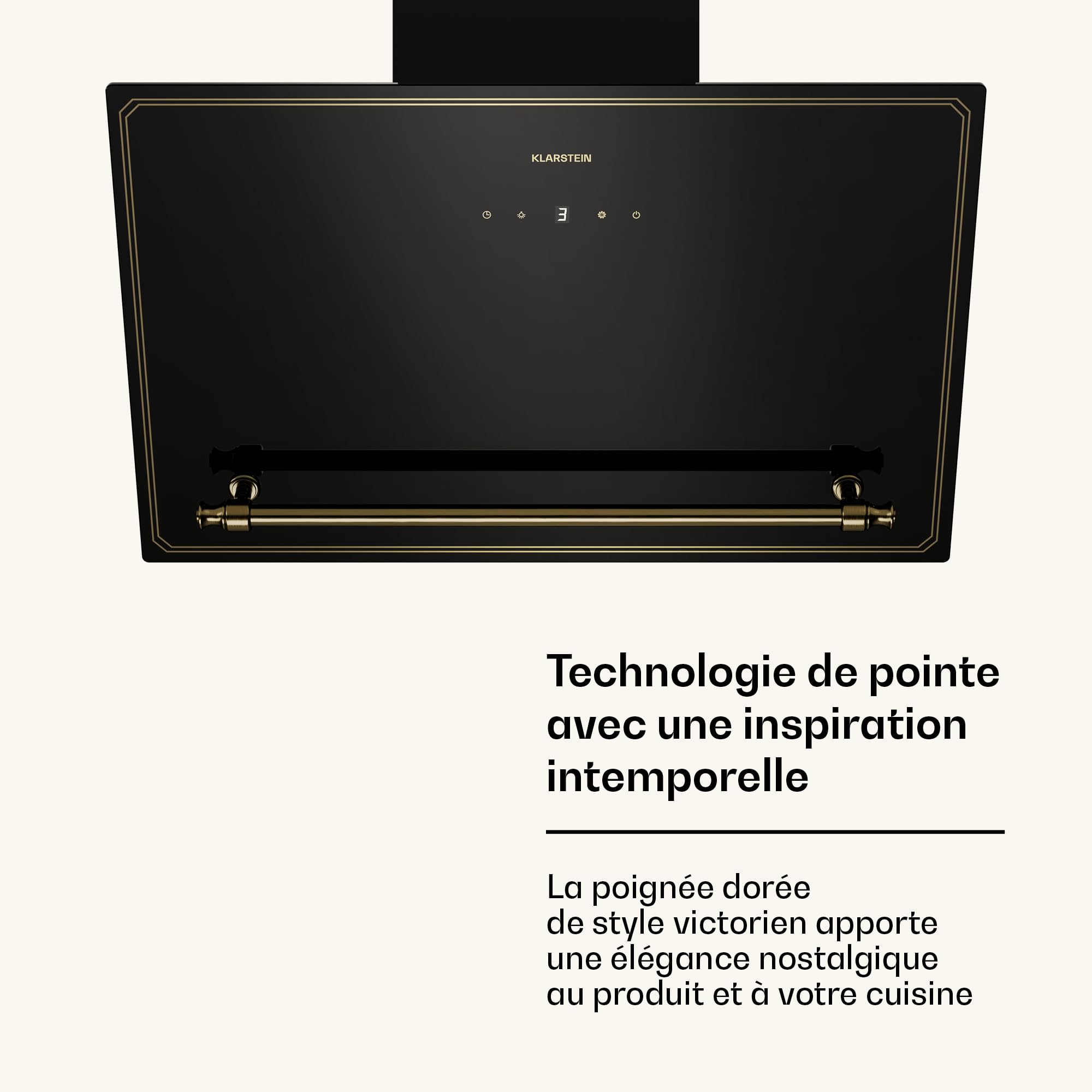 Klarstein Victoria Hotte Aspirante - 60cm Hotte Cuisine Angulaire, Débit 400 m³/h, Écran LED, A++ Énergie, Silencieuse 52 dB, Noir & Or, Extraction & Recirculation