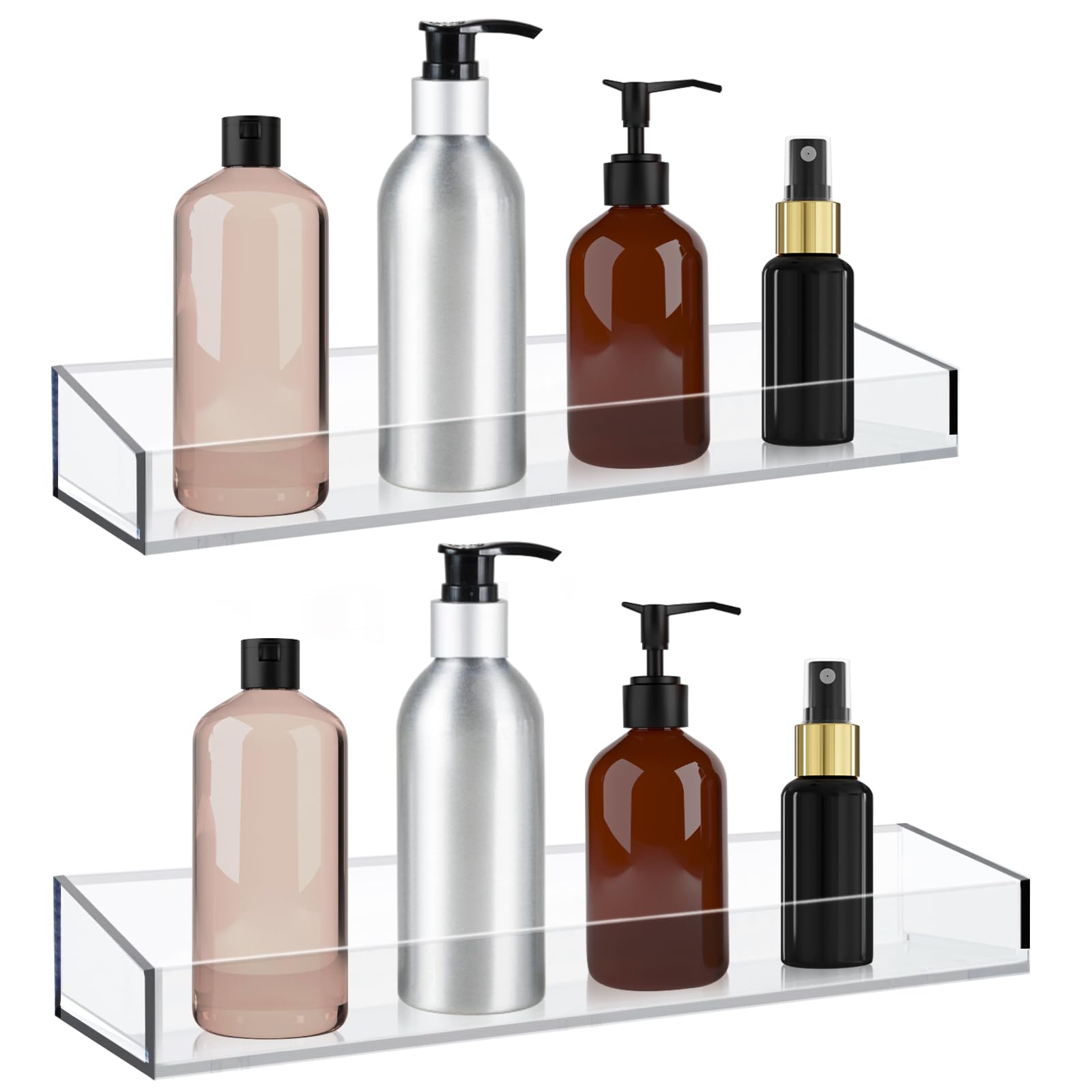 ClarityCraze 2 Pack Acrylic Bathroom Shelves, Clear Acrylic Shower Caddy Organizer, 15" Invisible Floating Shelves for Book/Figures/Photo/Makeup in