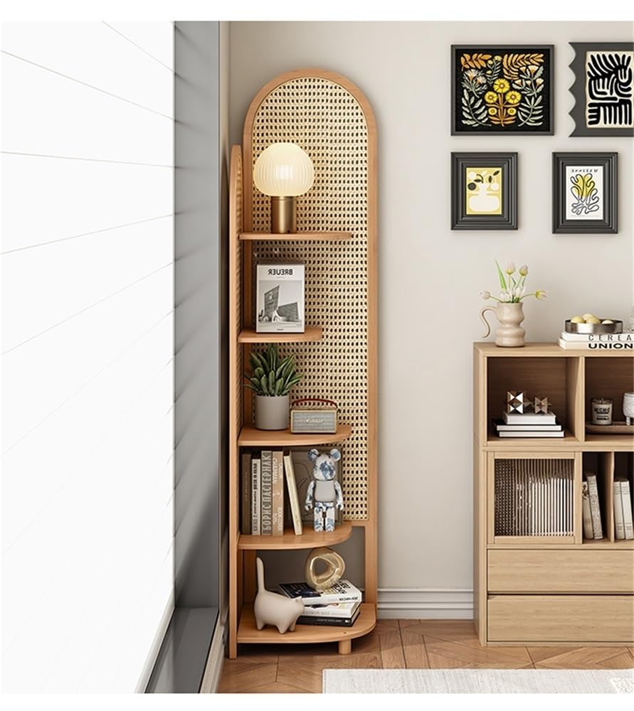 Miusocal Rattan Corner Bookshelf with 4/5 Tier Storage, Tall Corner Shelf, Display Cabinet Display Shelf, Rustic Corner Bookcase for Living Room,