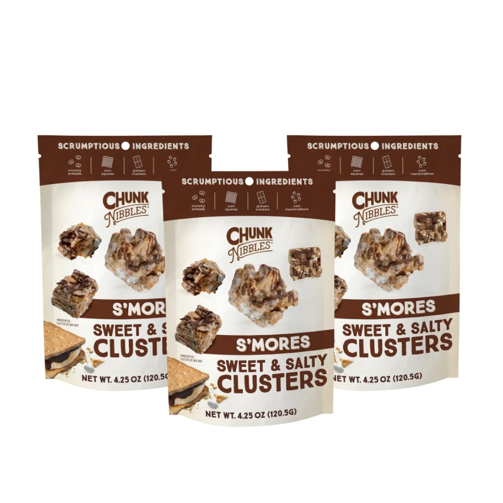 Chunk Nibbles S’mores Snack Clusters - Campfire-Inspired Treat with Marshmallows, Graham Crackers, Pretzels & Chocolate - Small Batch, Handcrafted - Gourmet Treat - 4.25oz Resealable Pouch (3 Pack)