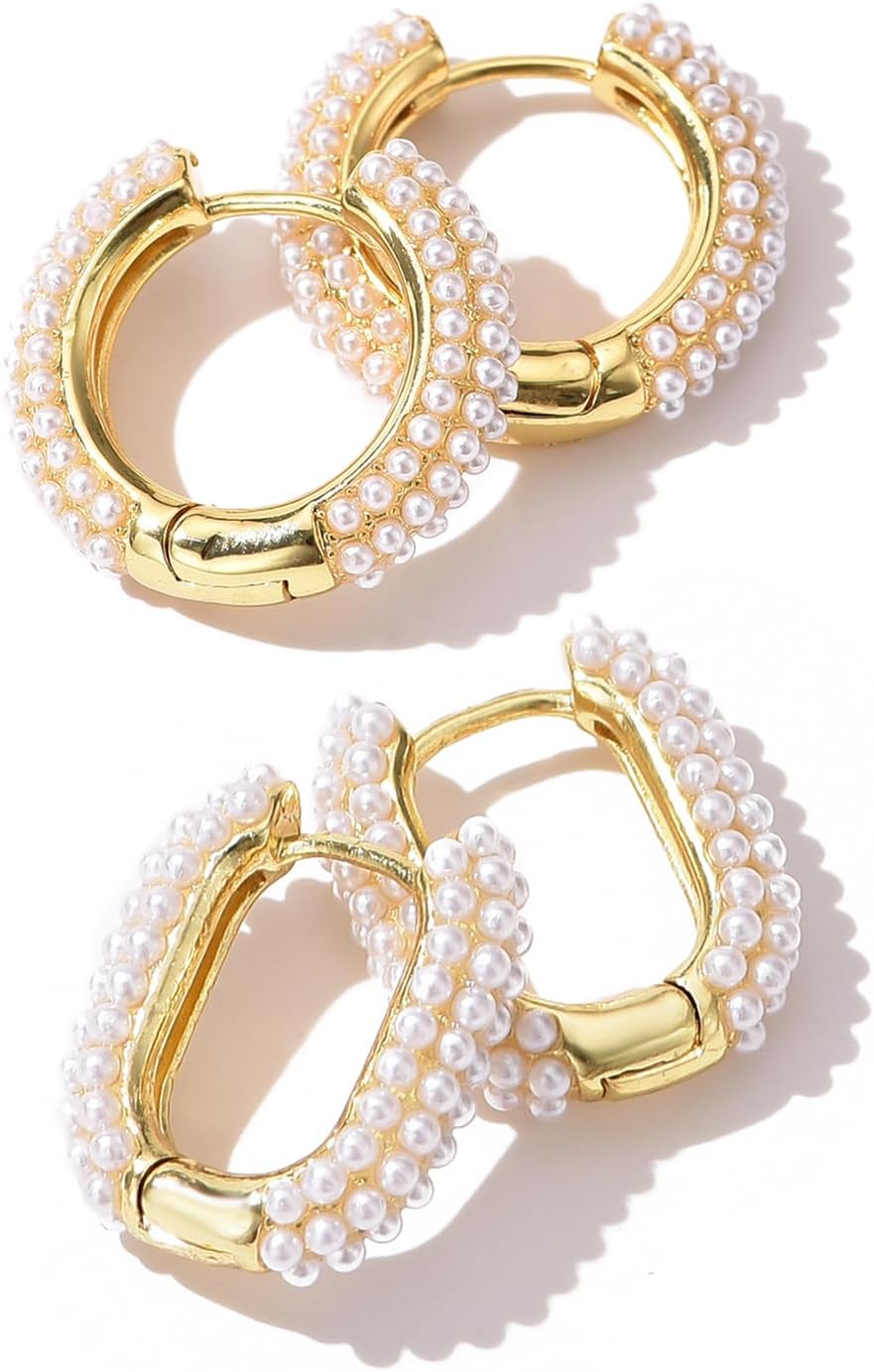 Pearl Chunky 14K Gold Plated Lightweight Hoop Earrings For Women Fashion Jewelry - Image 2