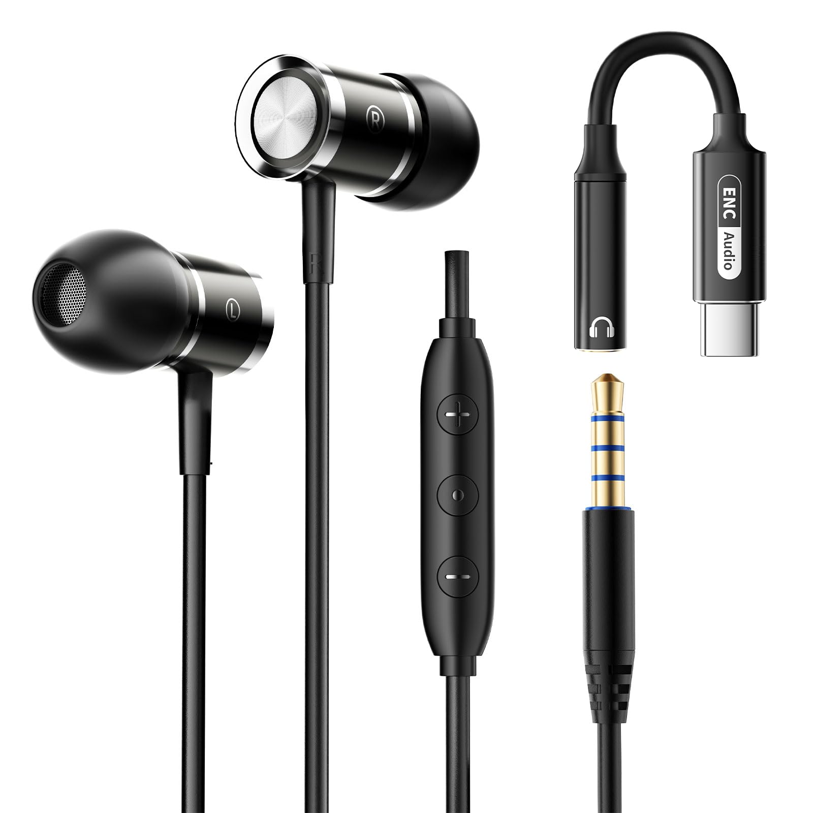 ENC Noise Cancelling Wired Earbuds, Hybrid Driver Wired Headphones with USB Type C to 3.5mm Adapter, Microphone Hands-Free Calls 3.5mm Jack in Ear Headphones for iPhone 16/15/Samsung/PC