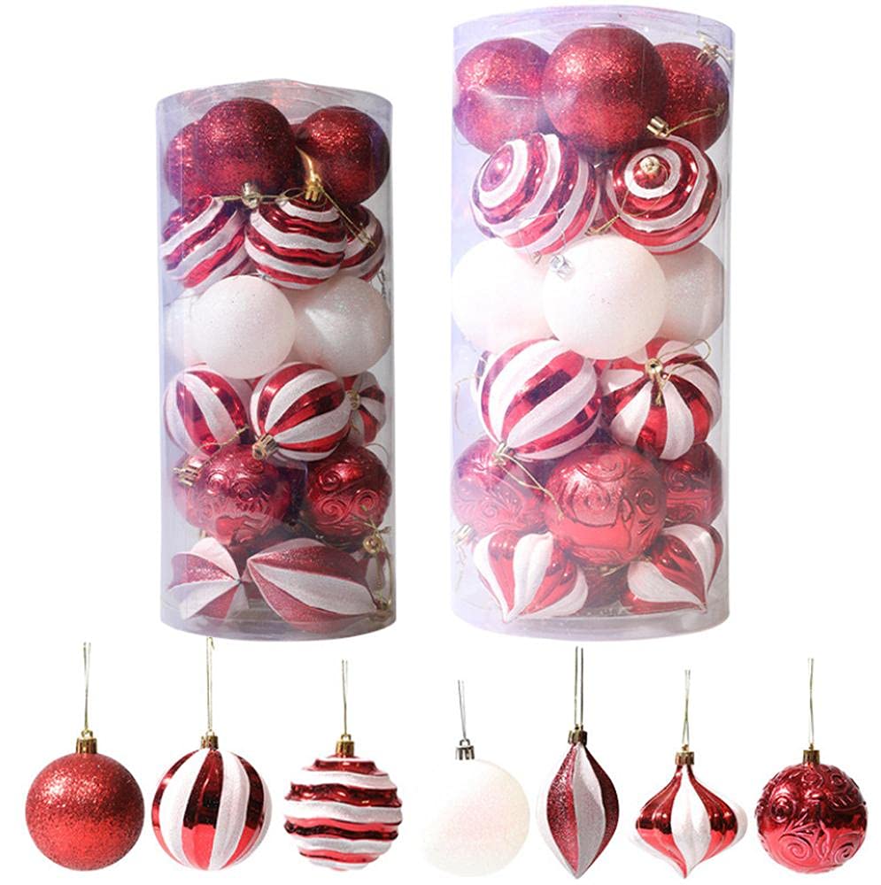 Lot de 25 boules de Noël rouges et blanches avec boucle de suspension pour Noël, festival, fête de mariage (8 cm)