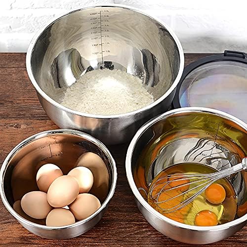 MAKREL® Premium Set of 3 Mixing Bowls with Clear Lids. Nesting Bowls with Black Silicone Base & Scale Markings. 1.5L, 2.5L & 4.5L