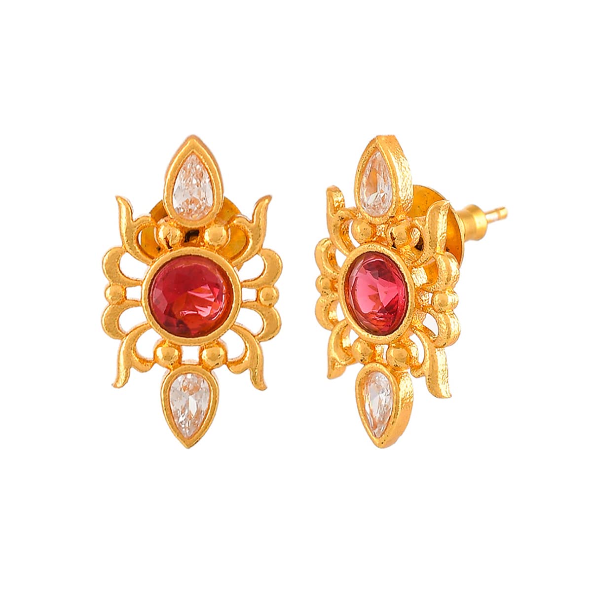 Abharan Red Round Stones Stud Earrings