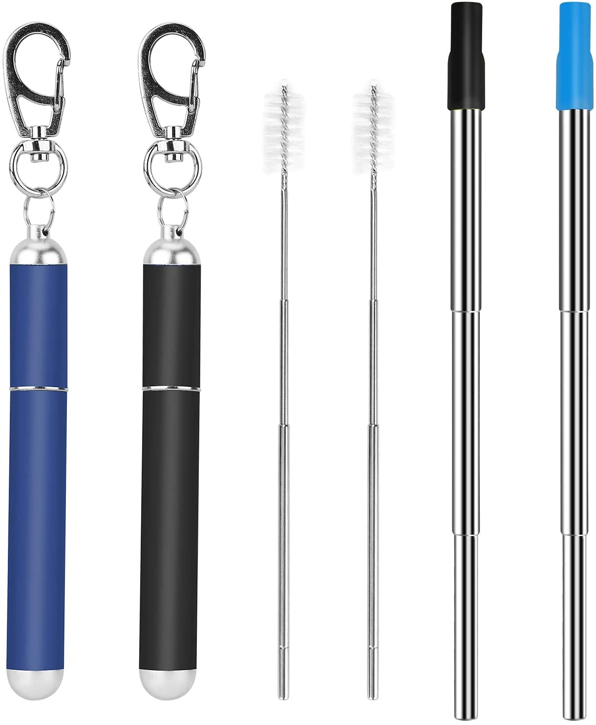 2 Pcs Portable Metal Straws, 3-Section Adjustable Telescopic Straw with Silicone Tips Cover, Aluminum Keychain Case and Telescopic Cleaning Brush, Unique Design for Home Travel(Black & Blue) 1