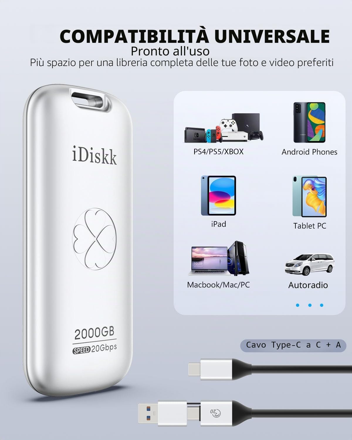 iDiskk Unità a stato solido esterna da 512 GB fino a 2000 MB/s, USB 3.2 Gen 2x2 USB-C SSD, SSD portatile ad alte prestazioni con cavo USB-C, chiavetta USB flash USB tascabile da 2000 MB/s (argento)