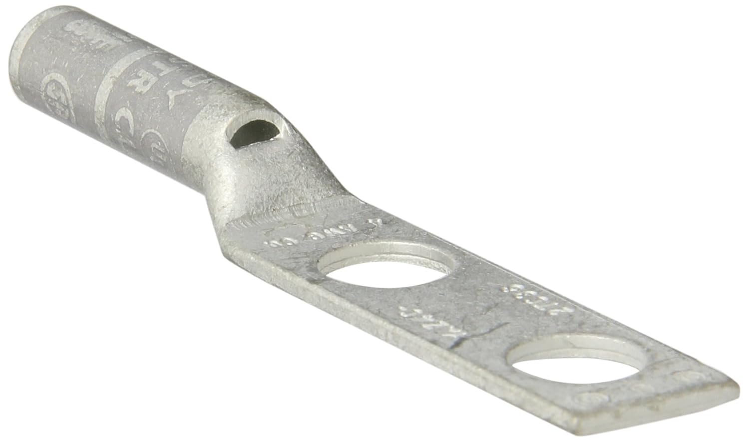 Burndy YAZ4C-2TC38 Two Hole Hylug Code Conductor Long Barrel Copper Compression Terminal with Inspection Window, #4AWG Conductor, 3/8 Stud Hole Size, 1 Stud Hole Spacing, 0.58 Tongue Width, 3.01 L