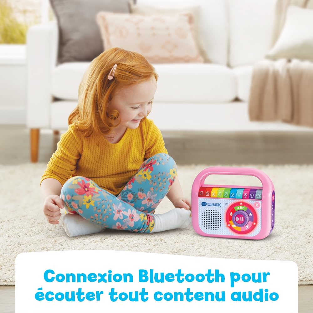 VTech - Music'Kid Rose, Baladeur Musical Enfant, Enceinte Bluetooth Lumineuse avec Comptines, Chansons Éducatives et Relaxantes, Enregistreur Vocal, Cadeau Enfant Dès 2 Ans - Contenu en Français