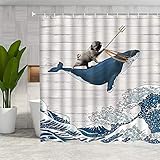 DMTTY Funny Dog Shower Curtain, Dog Riding Whale in Ocean Wave on Vintage Wooden Bathroom Curtains, Oriental Fabric Vintage Kanagawa Japanese Wave Art Shower Curtain for Bathroom