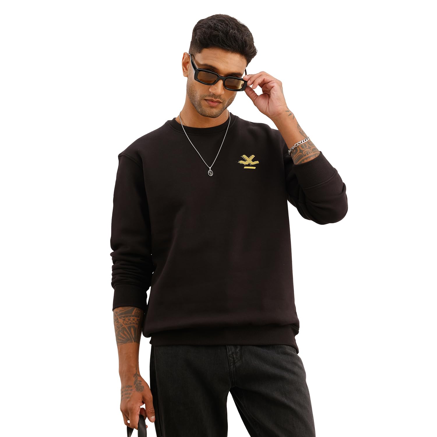 Men's Comfort Fit Placement Printed Sweatshirt | Black-image-47