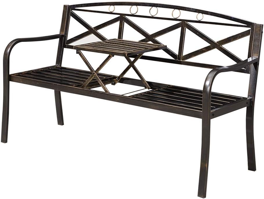 E Garden Bench Seat Stool 59in Garden Park Coffee Table Chair Outdoor Bench Garden Leisure Metal Chair with Lifting Table 2-3 Seater Anti-Rust and Weather Resistant Porch Chair Deck Entrance ( Without