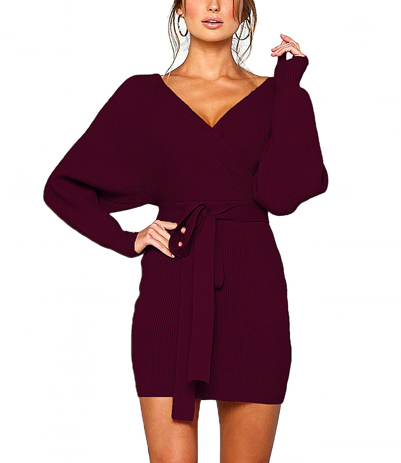 Mansy Women's Sexy Cocktail Batwing Long Sleeve Backless Mock Wrap Knit Sweater Mini Dress