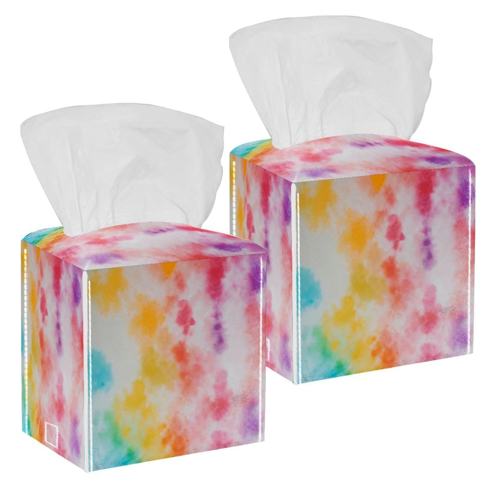 Watercolor Art Tissue Box Cover, 2 Pack PU Leather Square Facial Tissue Dispenser Box holder for Home Office Car