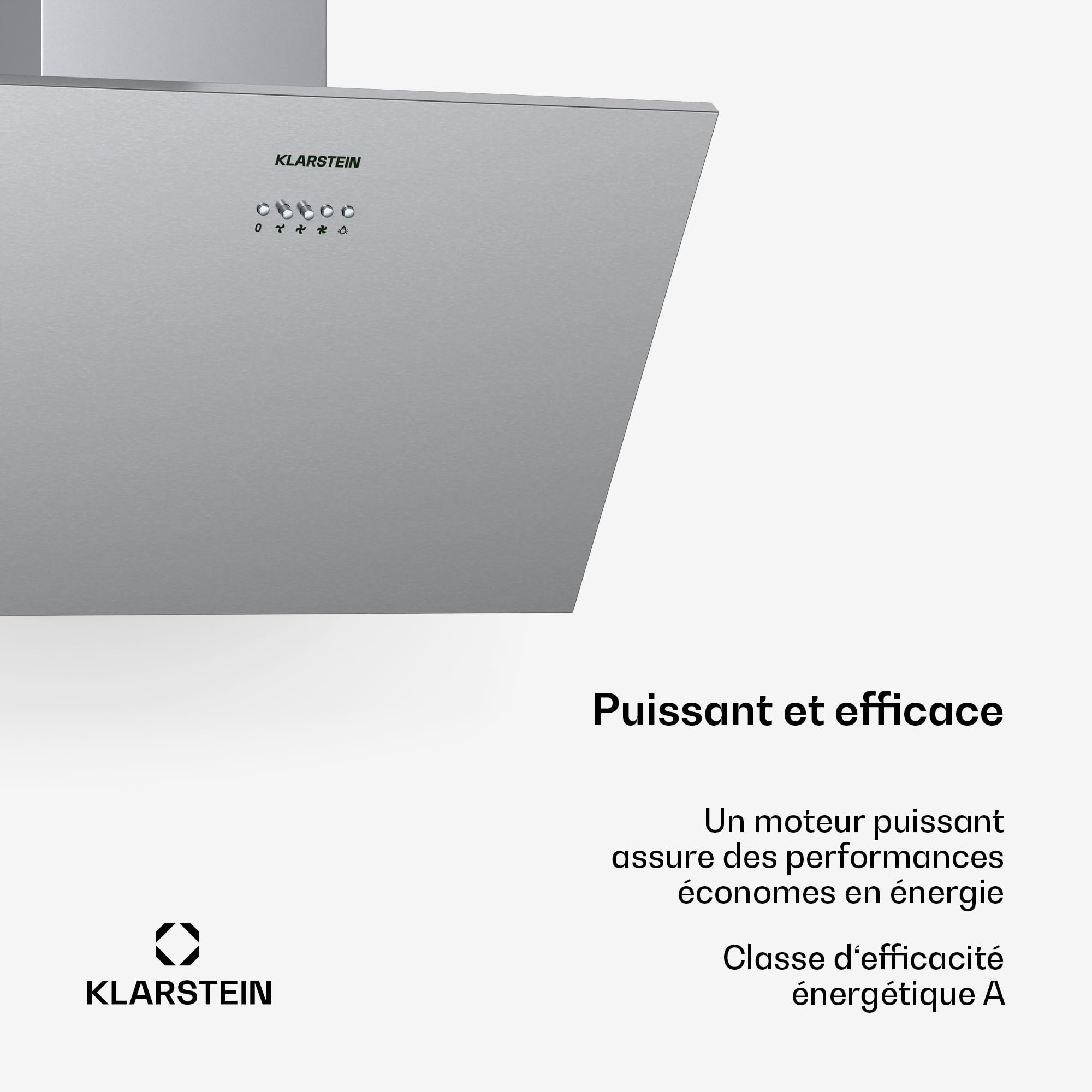 KLARSTEIN Silver Lining - hotte aspirante murale, classe A, mode recyclage ou évacuation de l'air, 600 m³/h, 3 vitesses, tactile, écran LED, hotte inclinée, 60cm - inox