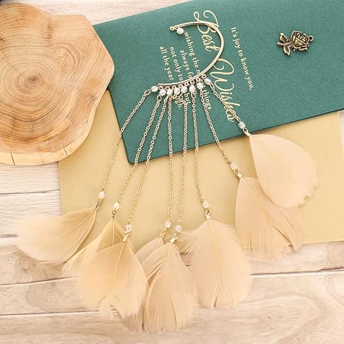 Bethynas Bohemian Colorful Feather Ear Cuffs 2Pcs Long Tassel Crystal Ear Wrap Non-Pierced Fake Earrings Prom Festival Wedding Accessories For Women And Girls (Khaki) #TOP3