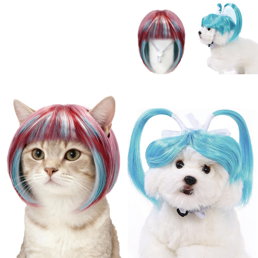 Pet Costume Wig with Straight Bangs, Pink and Blue Two-Tone Style, Small Dog and Cat Hair Accessory, Festival Party Headwear