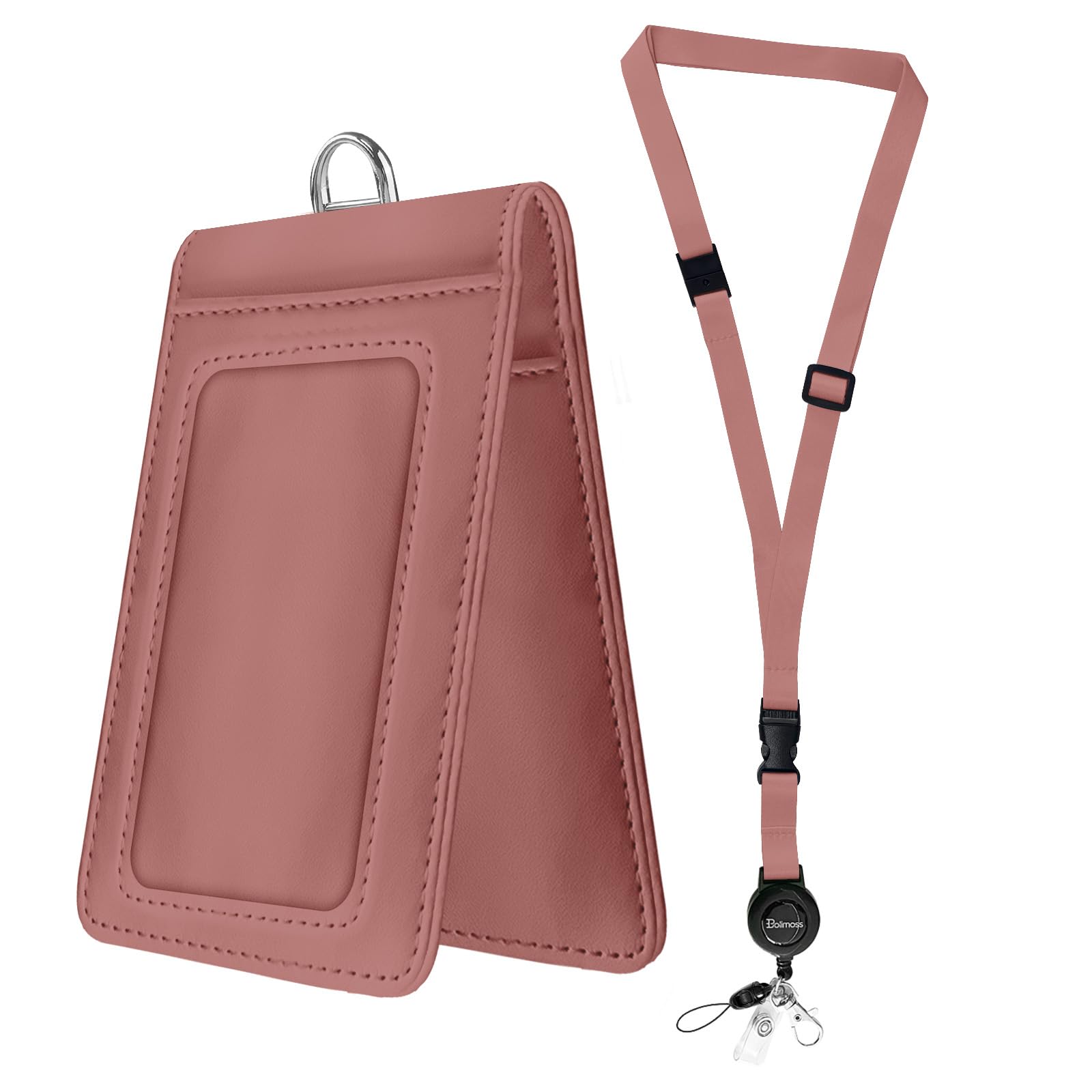 Bolimoss Cute Leather Badges Holder with Double Sided Windows, ID Name Badge Card Holder with Quick-Release Buckles & Adjustable Retractable Lanyards, Breakaway Lanyards for Work Teacher Nurse, Pink — image 1
