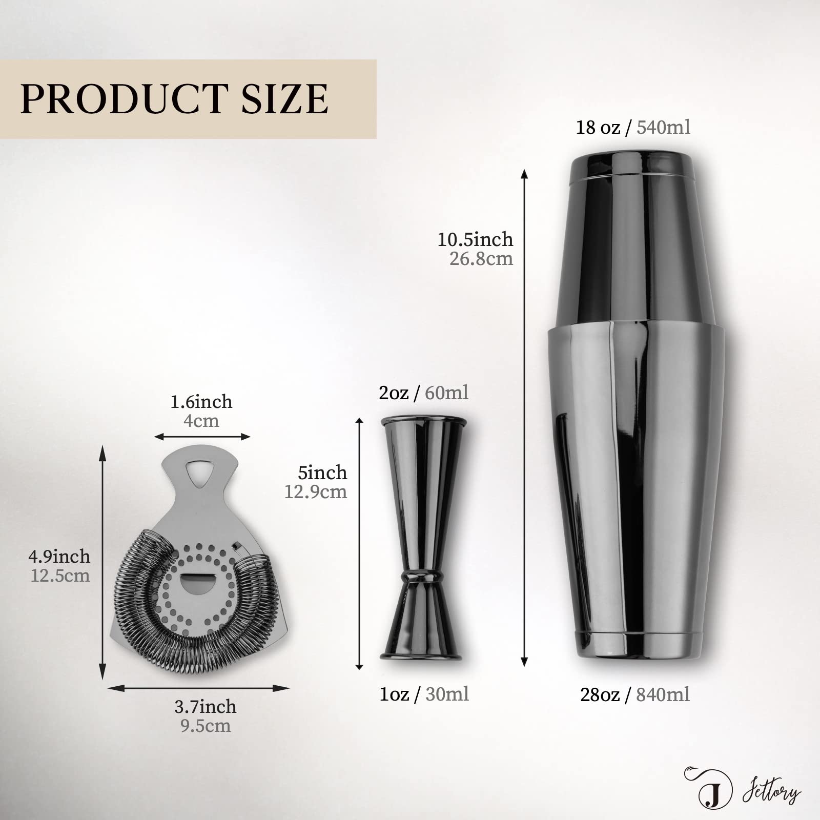 Boston Shaker Set - 4-teiliges Cocktail Shaker-Kit mit 18/28 oz Boston Shaker Edelstahl, Barsieb und Messbecher, in Einer stilvollen Geschenkbox - Ideal für die Hausbar Einsatz (Schwarz).