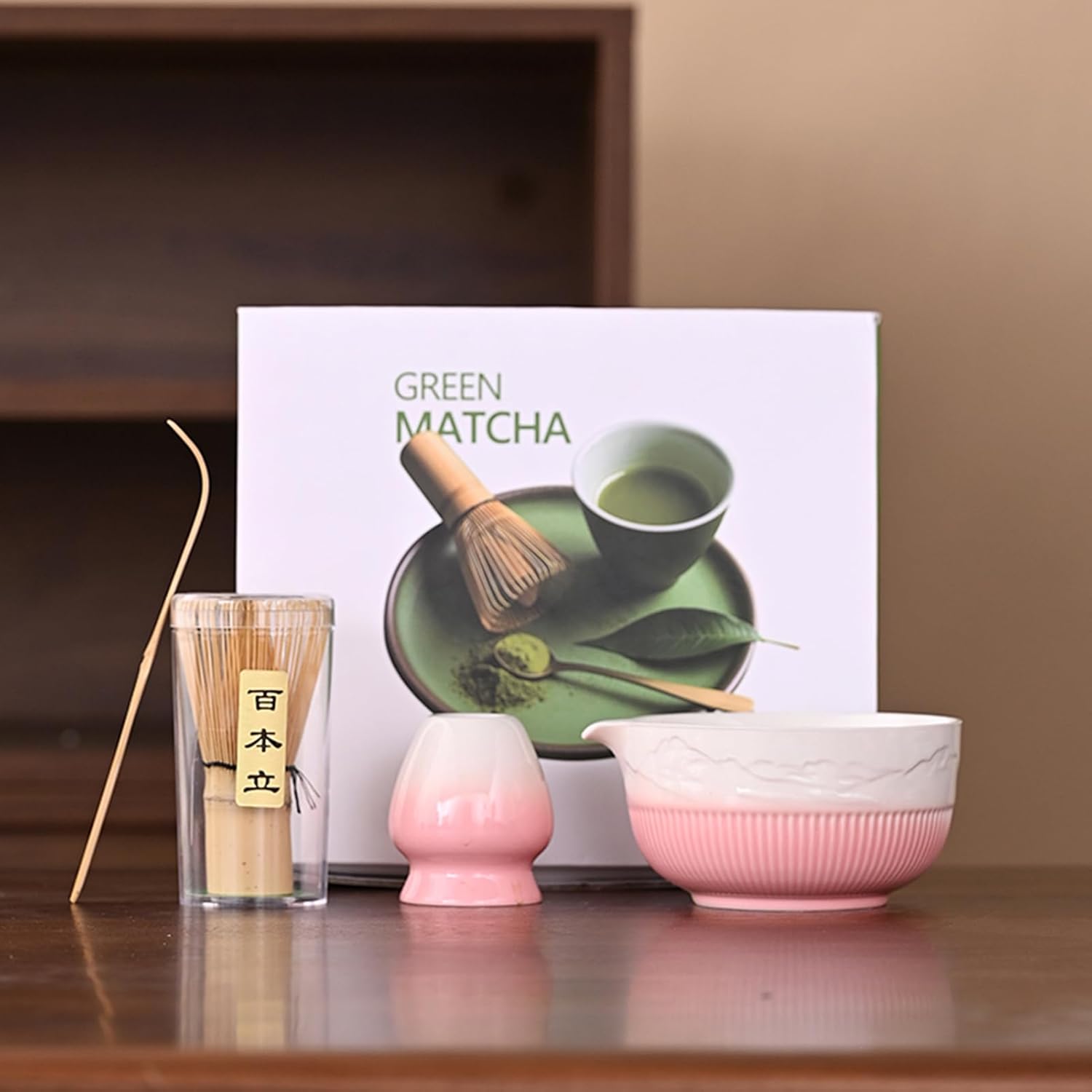 Matcha Tea Ceremony Set, 4-Piece Traditional Japanese Kit with Bamboo Whisk, Ceramic Bowl with Spout, Whisk Holder, Scoop (Gradient Red)
