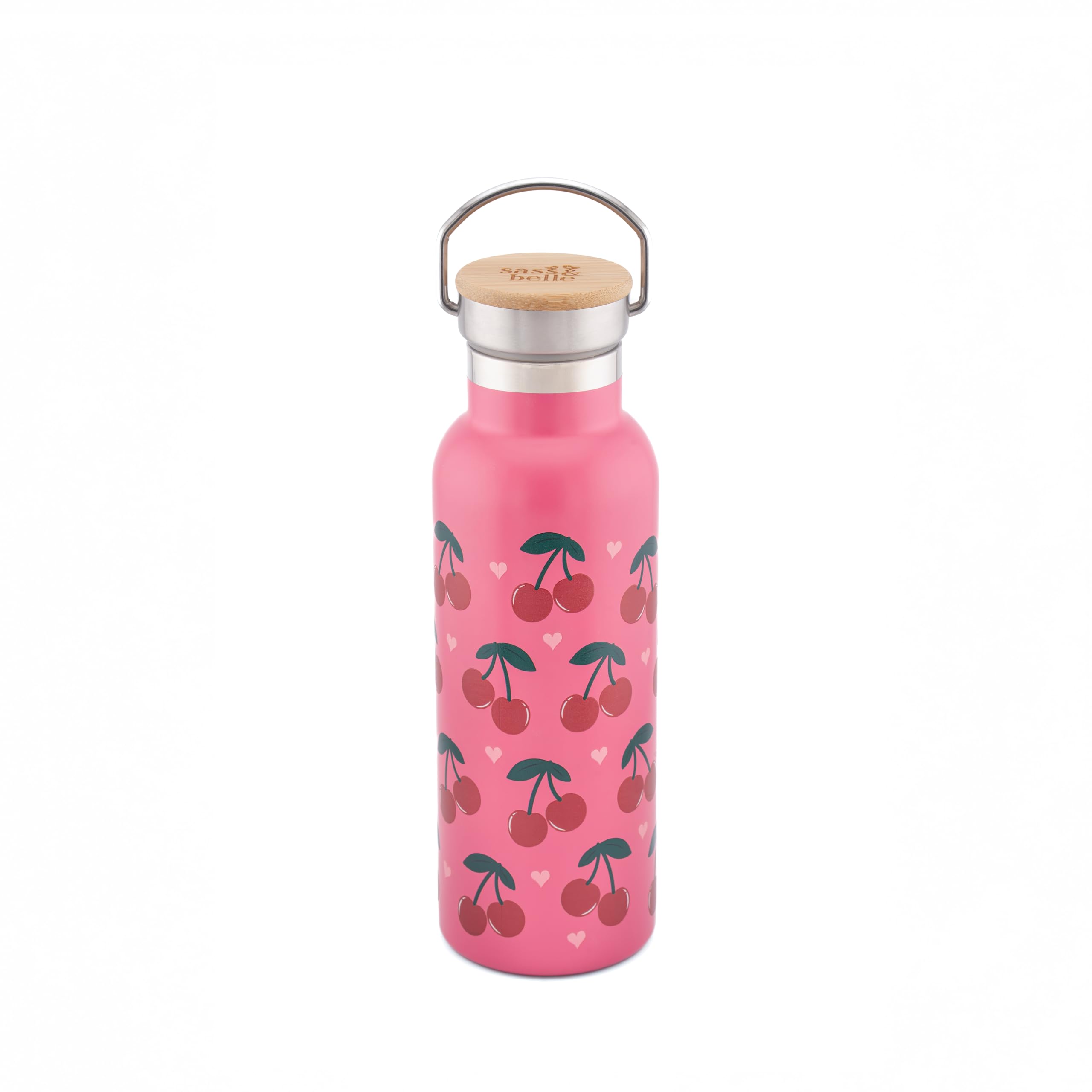 Sass & Belle Cherry Metal Water Bottle 500ml – Stainless Steel Insulated Bottle with Leakproof Lid – Reusable for Kids and Adults, Pink Fruit Print