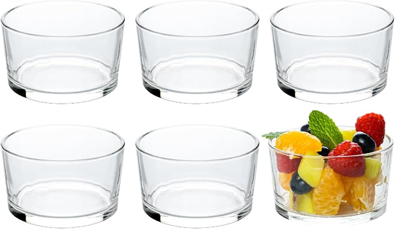HillSpring Glass Small Bowls, 7.5oz, Set of 6, Clear Mini Bowls for Dips, Sauces, Desserts, Side Dishes, Pudding, Fruit and Charcuterie Boards, Pinch Bowls for Meal Prep (6)