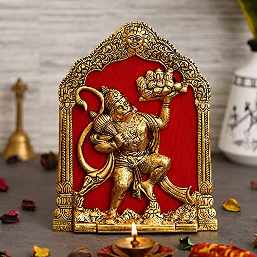 Image of JaipurCrafts Metal Lord Hanuman Idol Statue for Home and Office Decor | Hanuman Ji Bajrang Bali Ki Murti for Home and Office Temple (7 x 8.5 Inches, Gold) (hanuman Ji)