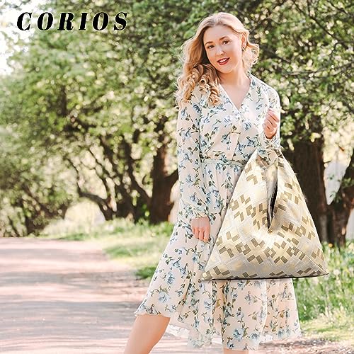 Image of CORIOS Canvas Handbag for Women - Ethnic Style Tote Top Handle Summer Beach Large Shoulder Bag