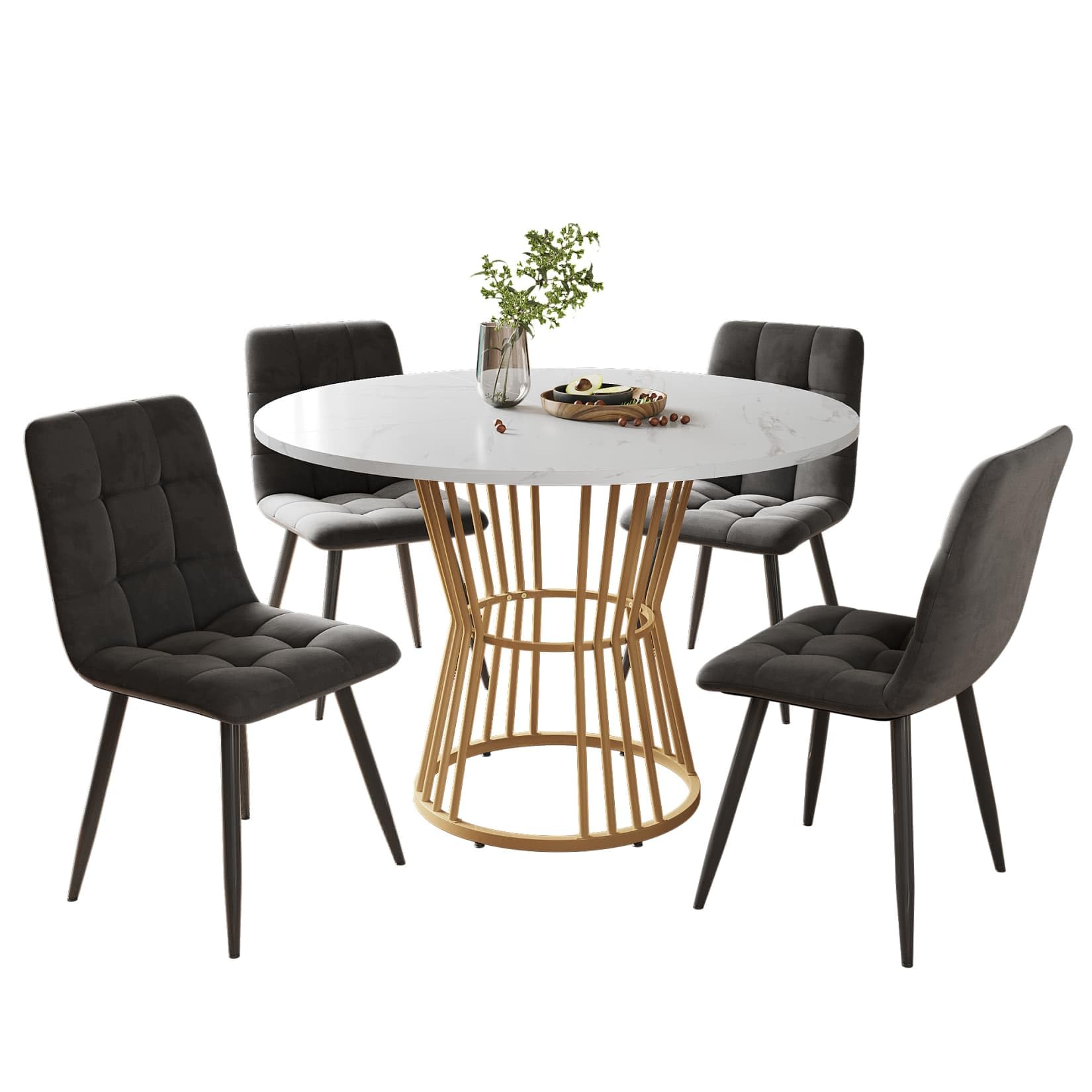 PUGSDRLY Table a Manger 100x100x75cm avec 4 Chaises,Table Ronde et Chaises en Velours,Pieds en Métal,Ensemble de Salle à Manger Moderne pour 4 Personnes (Gris+Or)